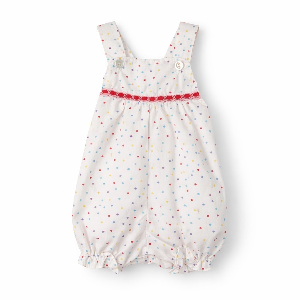 Vintage 9mo polka dot romper rainbow white 0309 snaps ruffle elastic pinafore